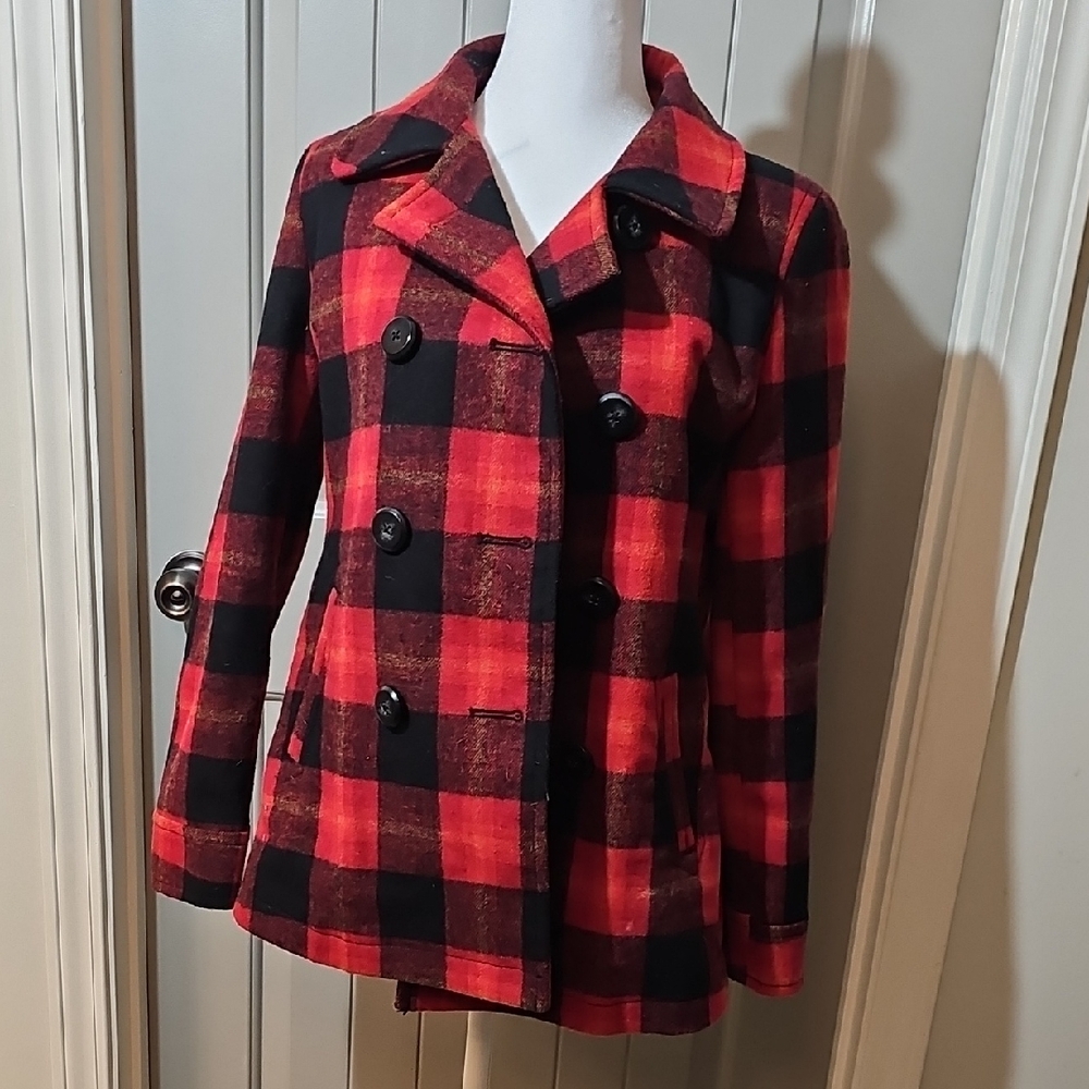 Old Navy Red and Black Checkered Pea Coat